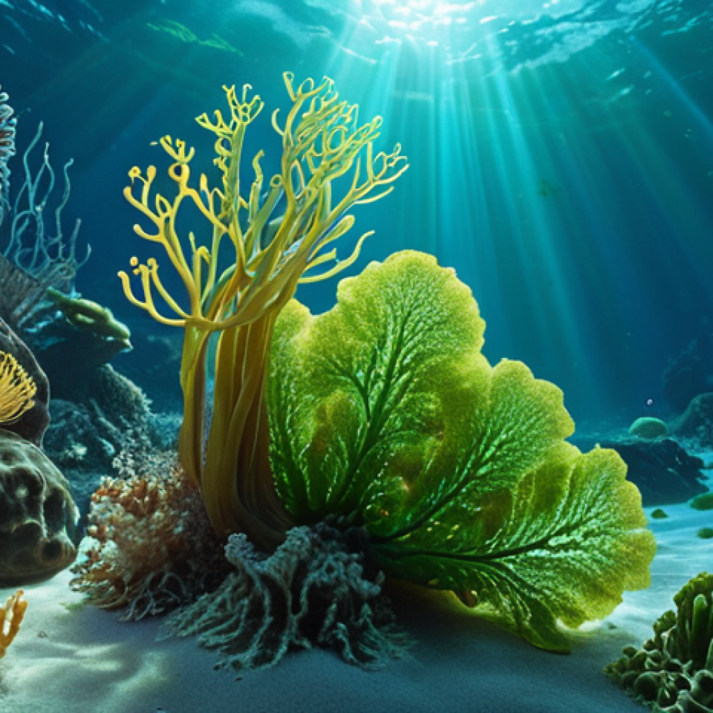 A mesmerizing underwater scene filled with diverse, vibrant types of algae glowing with an ethereal light, symbolizing their hidden power and value. Microscopic elements are subtly integrated into the scene, representing the complex bioactive compounds within. The overall impression is one of natural wonder, scientific discovery, and profound health benefits derived from the ocean's depths. Photorealistic, high detail, cinematic lighting.